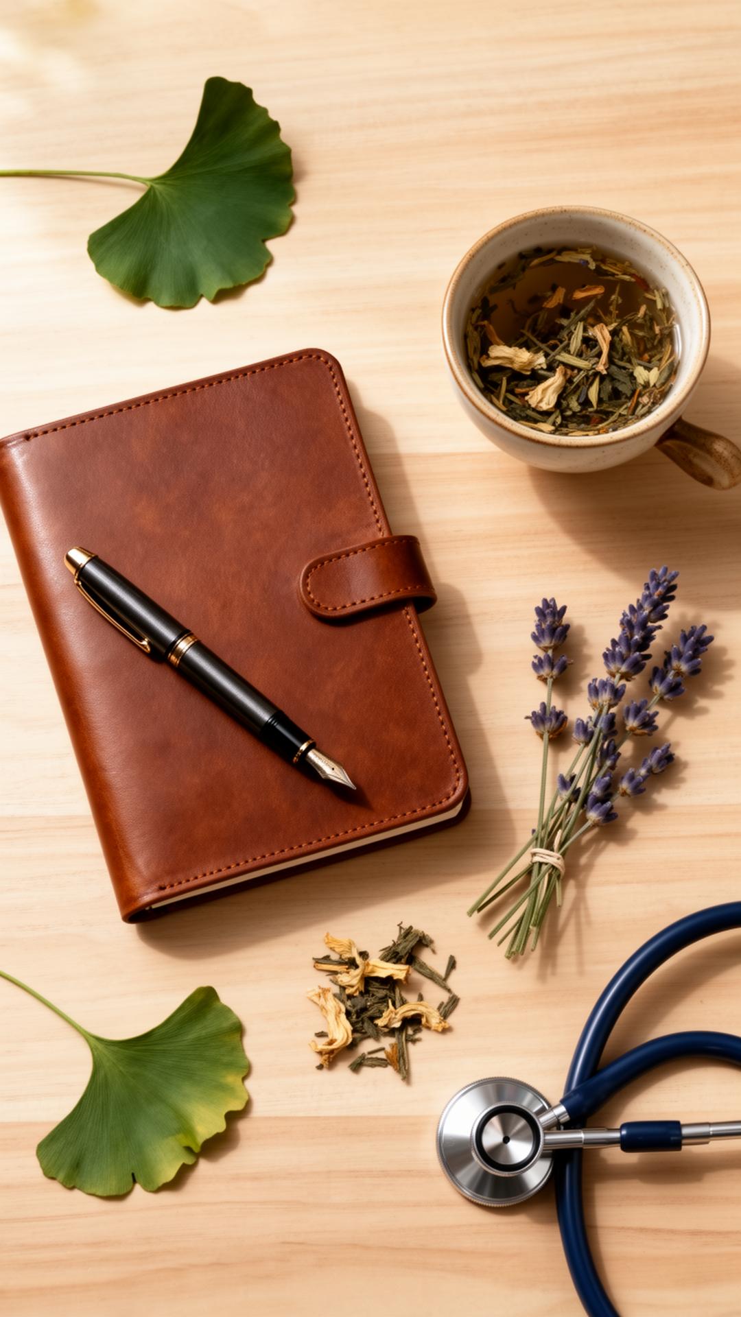 Integrative consultation flat lay with notebook, herbal tea, ginkgo, and stethoscope