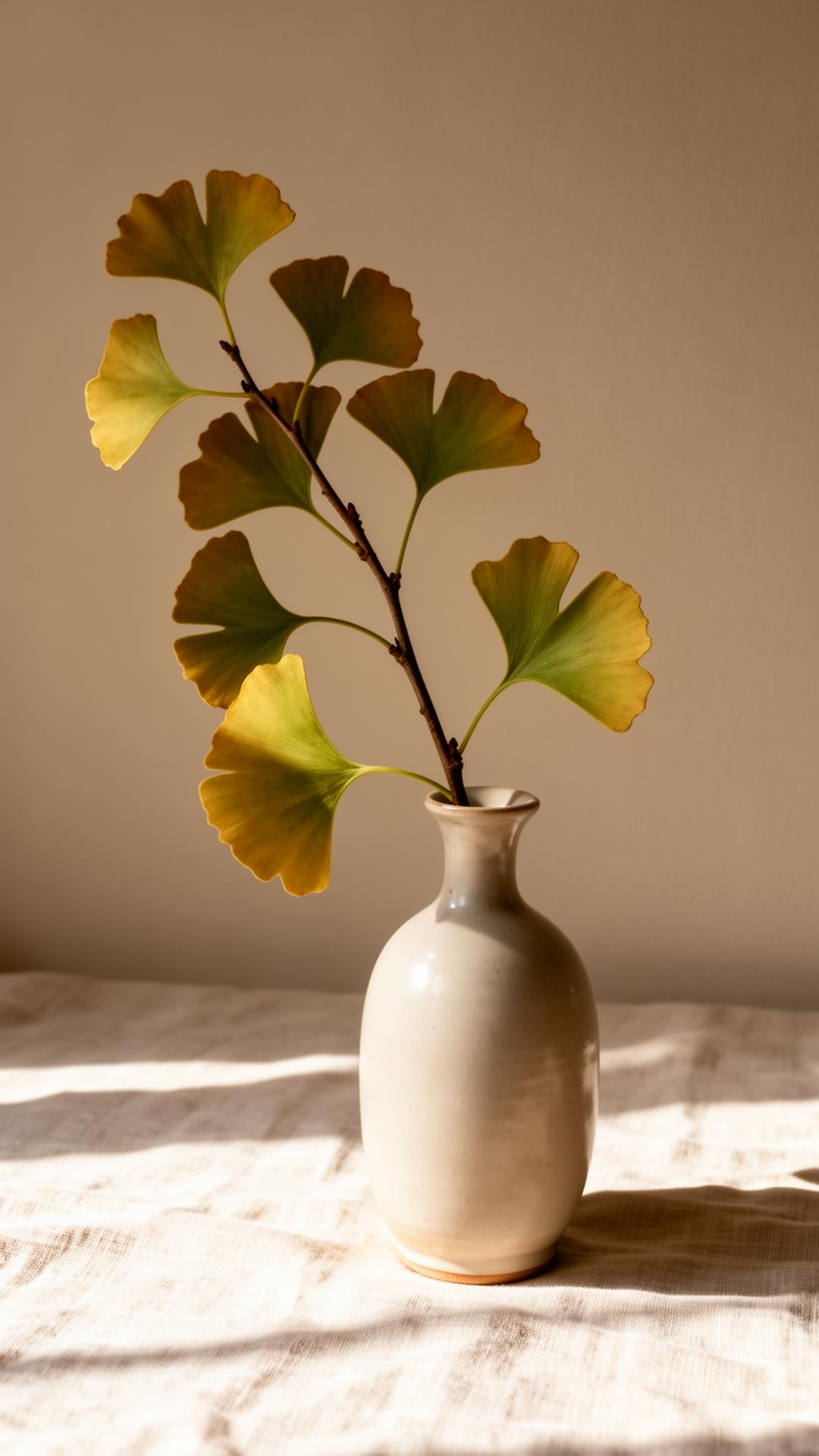 Single ginkgo branch in a ceramic vessel — Nayeli's signature motif